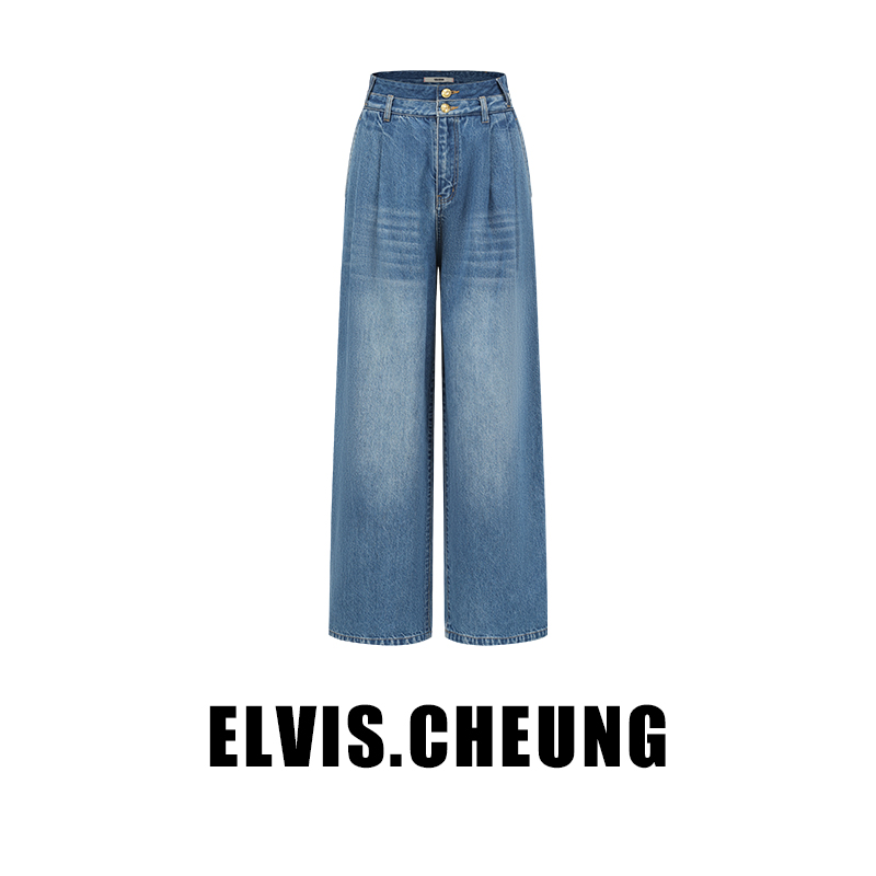 【ELVIS.STUDIO&蒋云】 休闲裤蓝色高腰直筒牛仔腰头撞色拼接阔腿裤