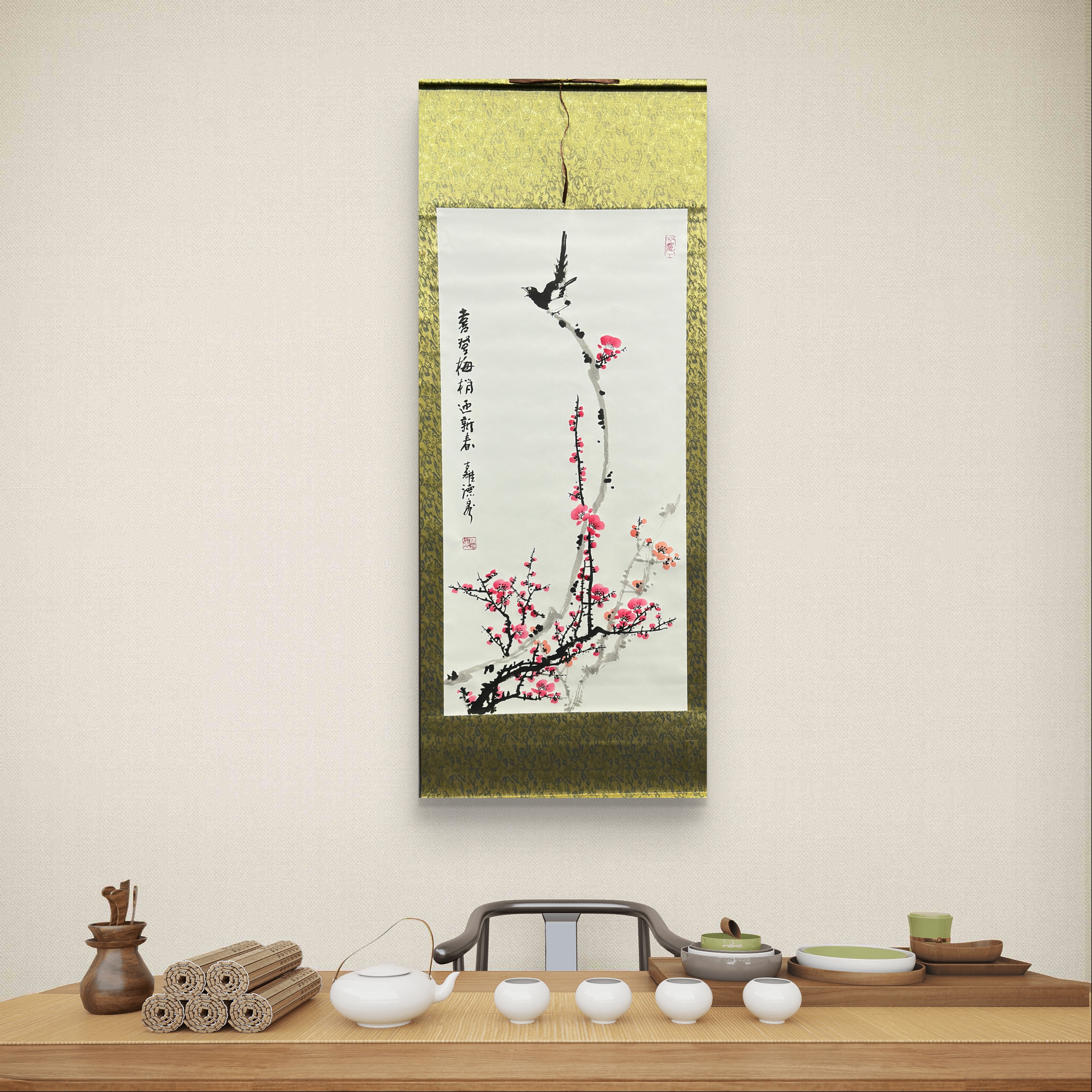 董鸿洲【喜上眉梢】手绘卷轴作品135cm×55cm