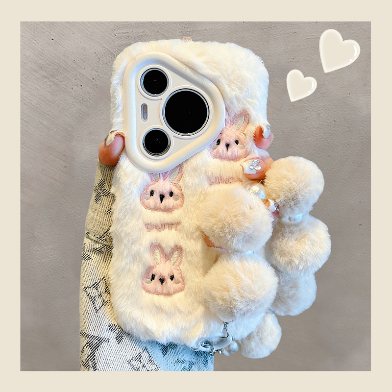 适用华为pura70pro+手机壳mate60pro+秋冬毛绒卡通可爱刺绣兔子