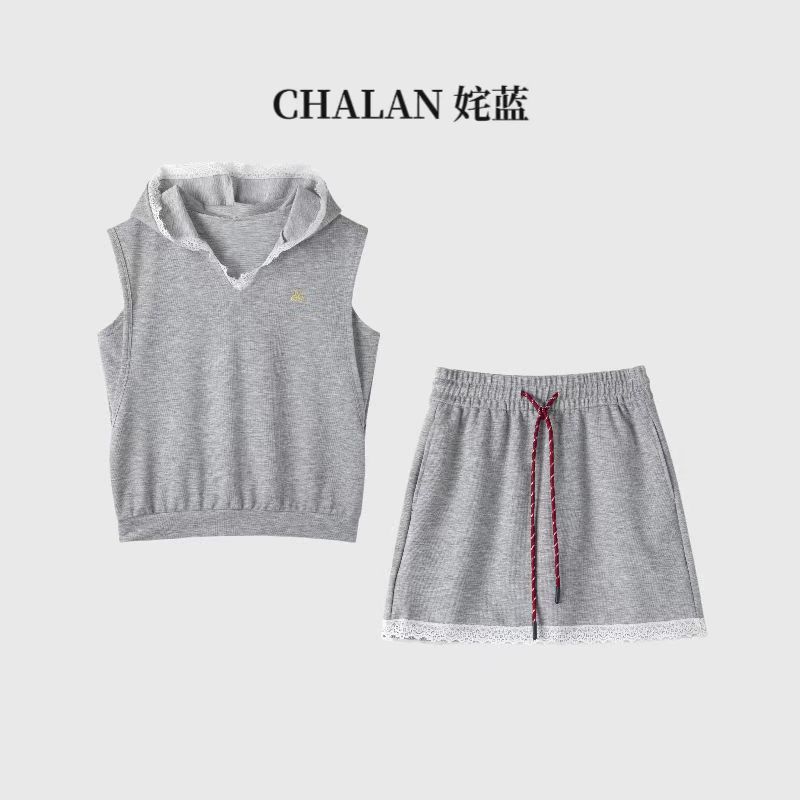 CHALAN姹蓝 夏季新款休闲时尚显瘦蕾丝裙裤套装