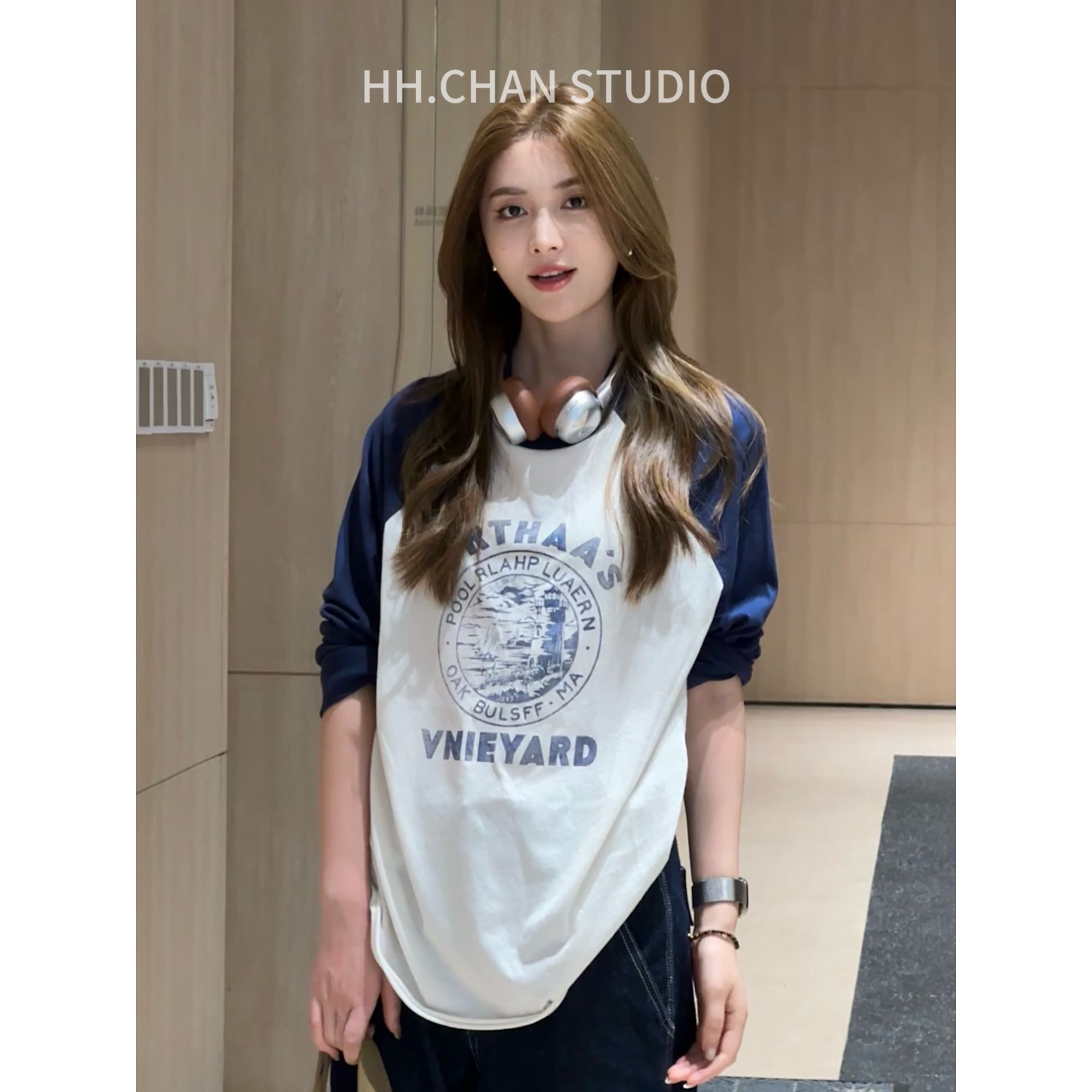 HH.CHAN“灯塔”定制棉美式复古潮汐印花插肩拼色圆领长THH53D38249