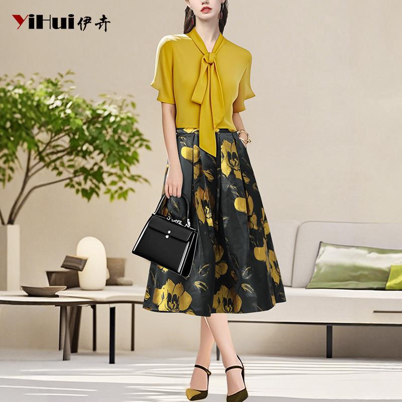 YIHUI伊卉雪纺衫女短袖上衣提花半身裙两件套装SC255636+BA7632