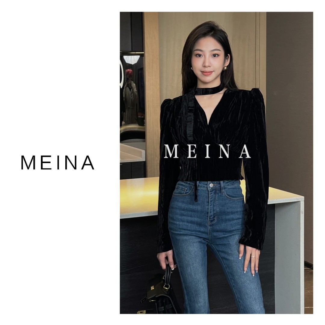 MEINA【女星周刊】新款挂脖飘带丝绒泡泡袖修身小众设计感显瘦上衣