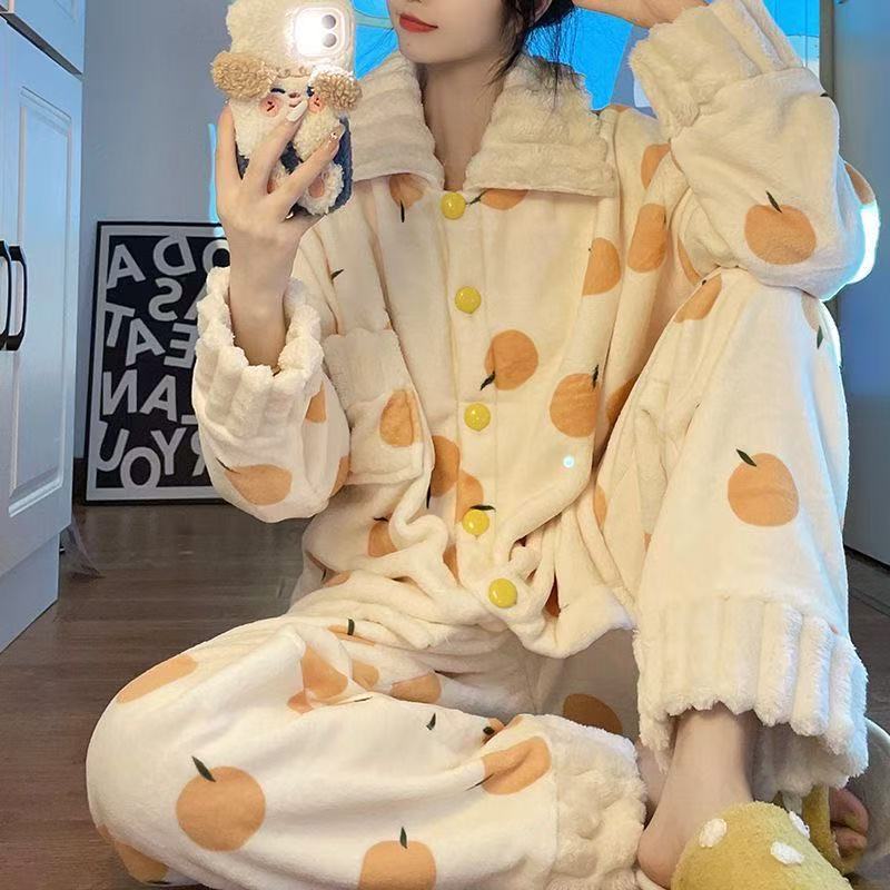 冬季睡衣女珊瑚绒橙子甜美可爱法兰绒睡衣女加绒加厚可外穿家居服