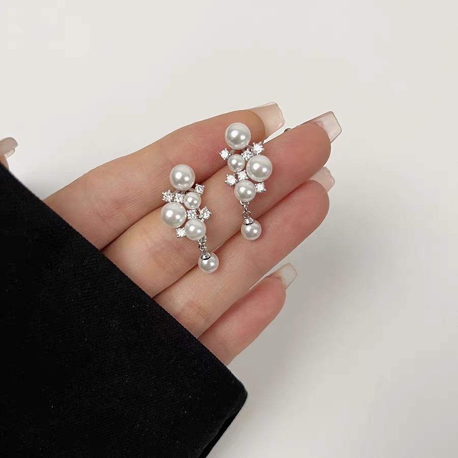 铜合金锆石耳饰 S031【葡萄珠有耳夹】法式优雅亮晶晶珍珠耳环银针