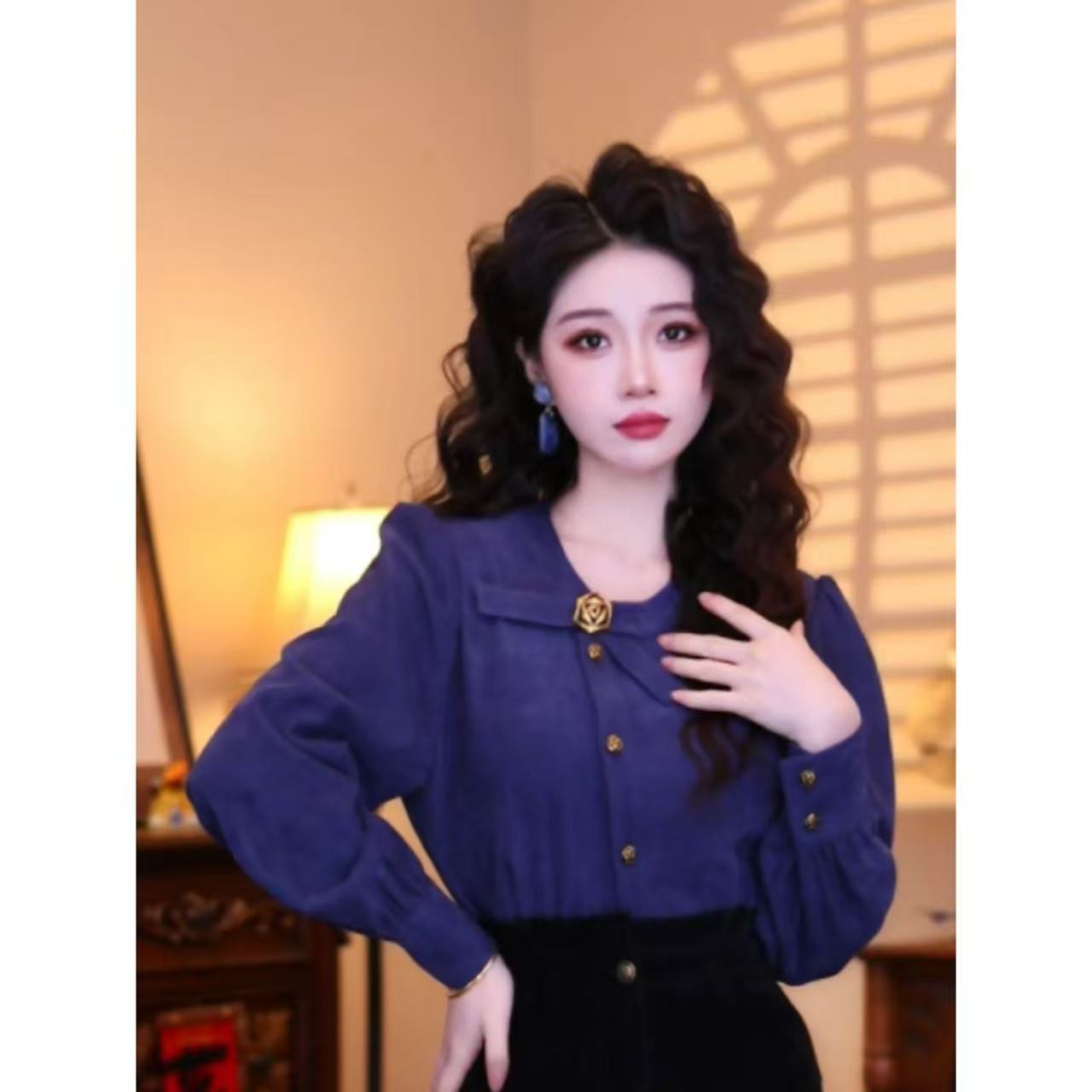 蒋肉肉【蓝夜玫瑰】港味复古时尚气质设计感长袖上衣03227