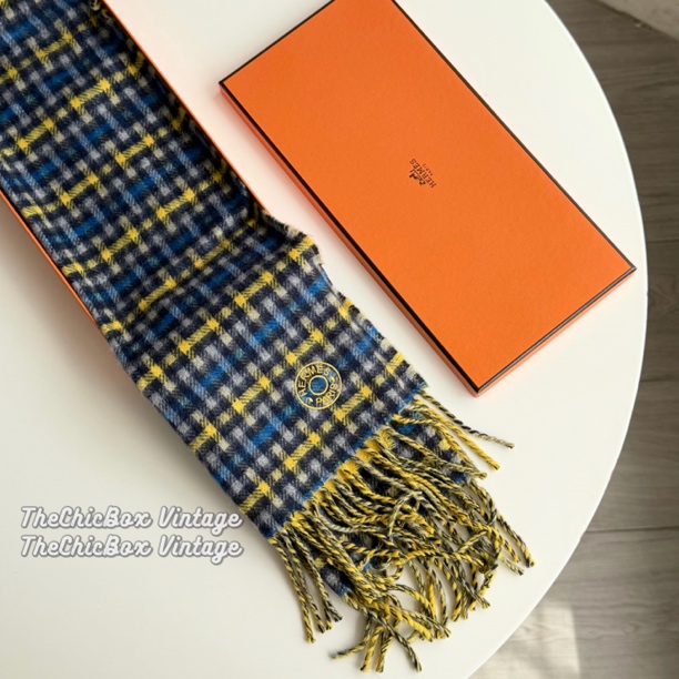 95新 Hermes/爱马仕 只盒/Hermes马赛克拼黄色双面羊绒Scarf包