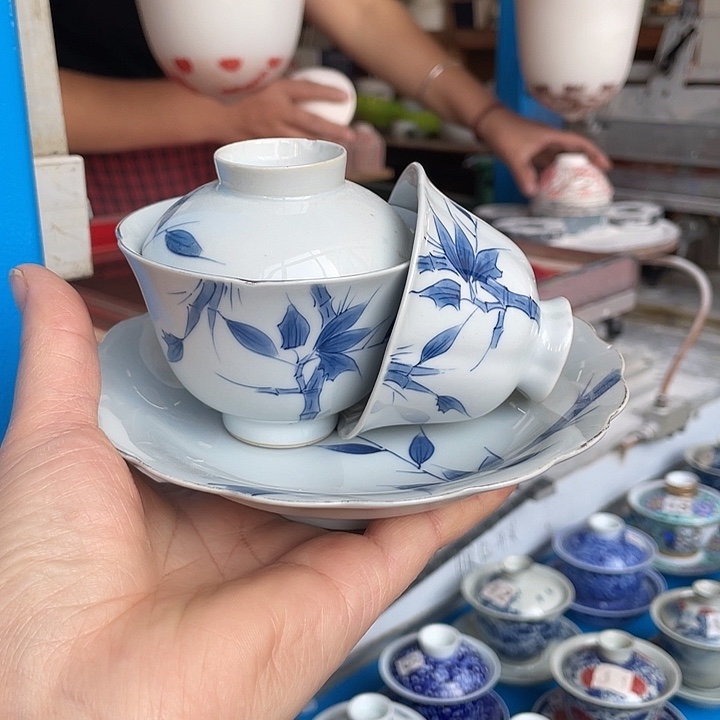 饼***⊙青花釉下彩盖碗杯子壶承