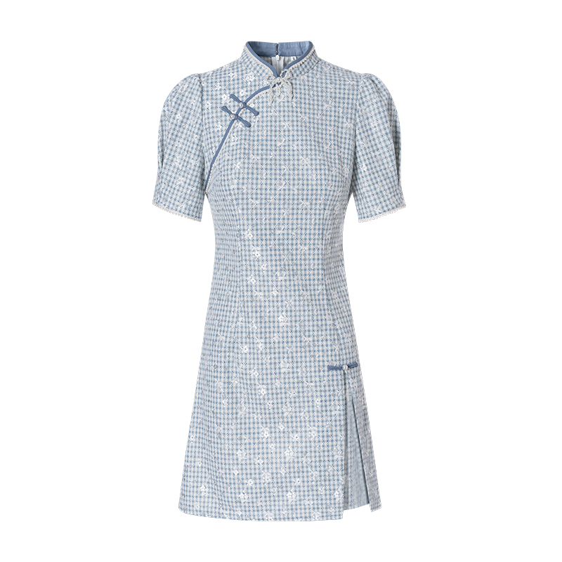 【媛媛女王专享】致花开新中式格子旗袍高端Z31TL1333