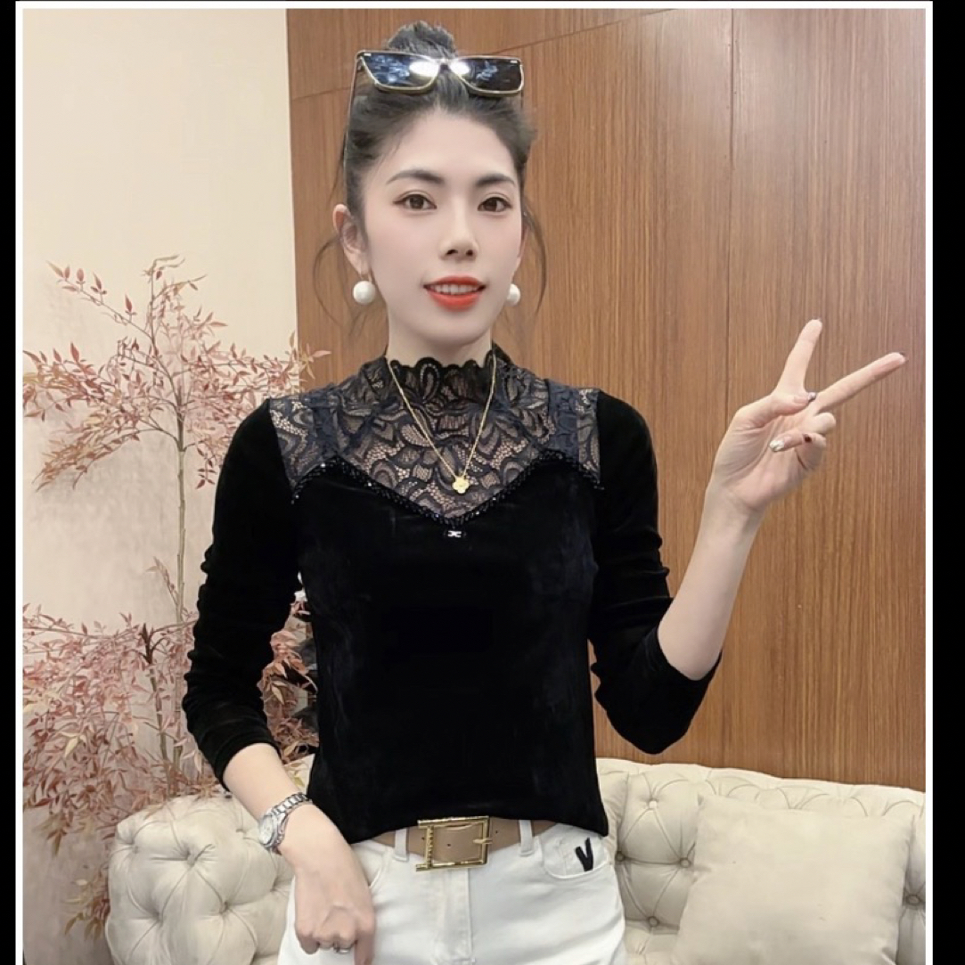 月月家，新款秋款欧货丝绒蕾丝拼接气质百搭长袖上衣620300
