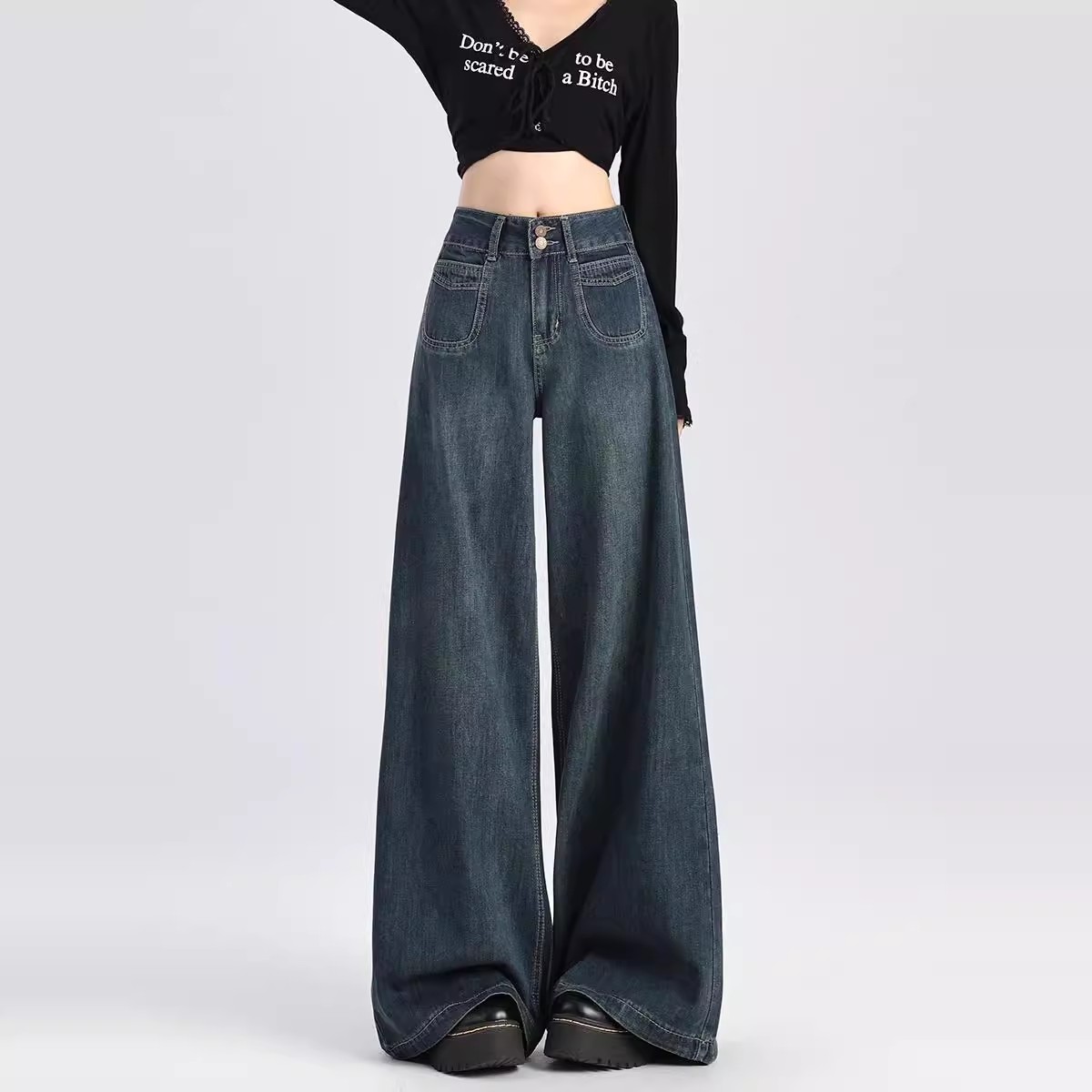 胖mm阔腿牛仔裤女秋冬加绒高腰宽松显瘦设计感直筒裤梨形身材裤子