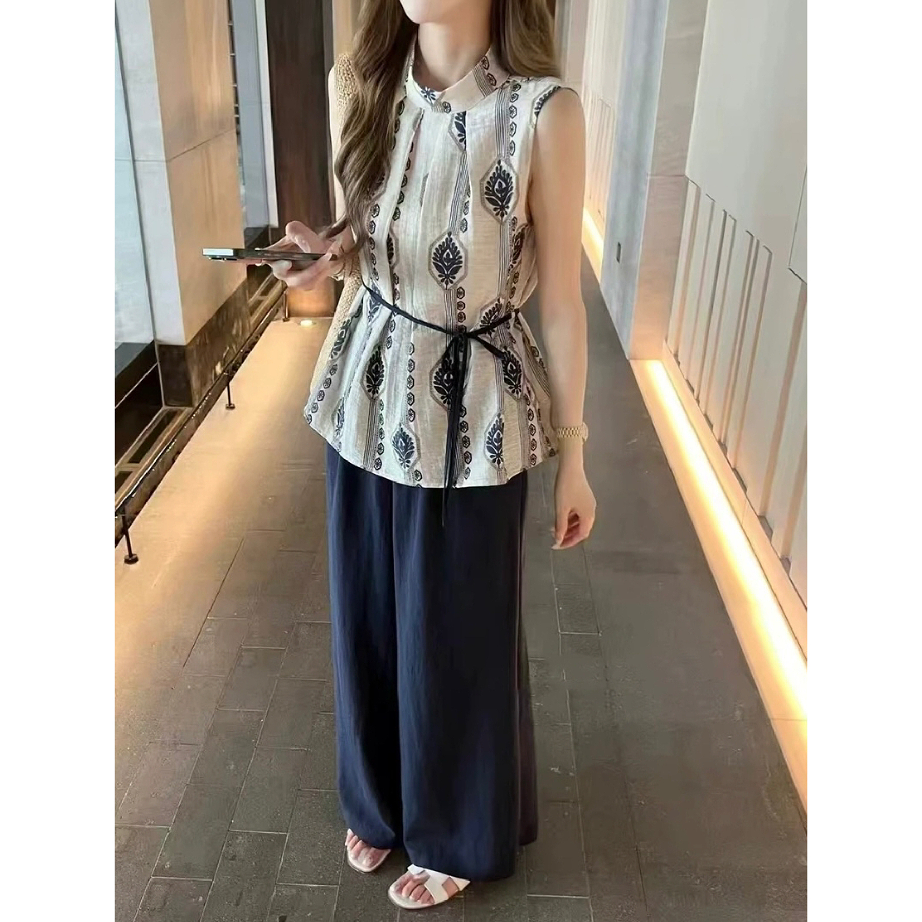 J56度假风印花套装女无袖背心印花小衫休闲阔腿裤套装