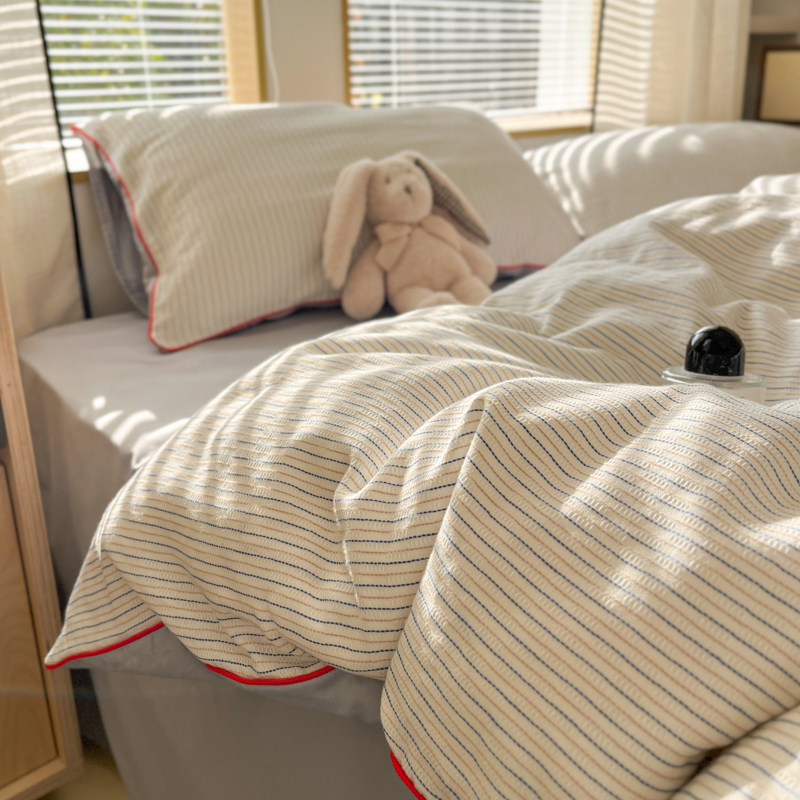 全棉色织提花滚绳包边四件套简约条纹纯棉被套直角纯色床单三件套