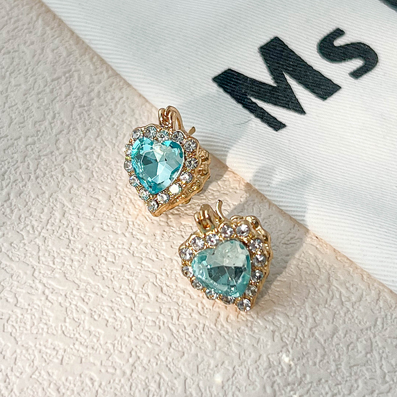 铜合金耳饰 法式天蓝带钻双面爱心耳扣