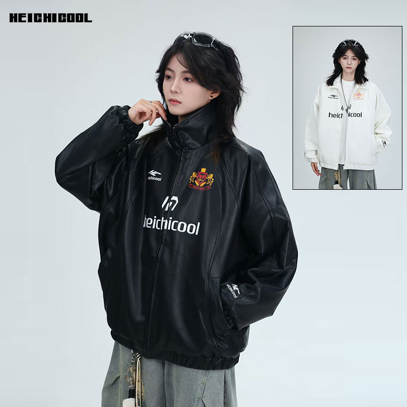 heichiage美式高街PU皮衣机车服男女设计感小众宽松潮牌夹克外套