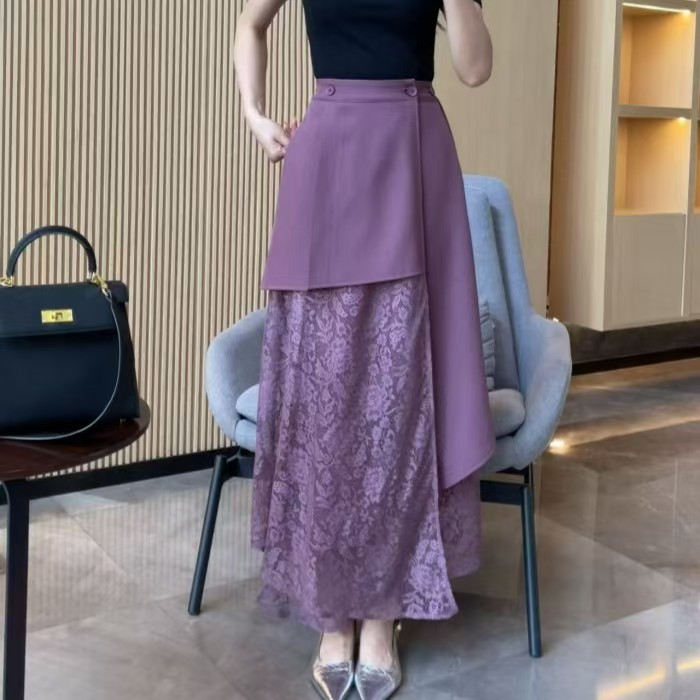 新款不规则蕾丝拼接百搭显瘦半身裙-25617