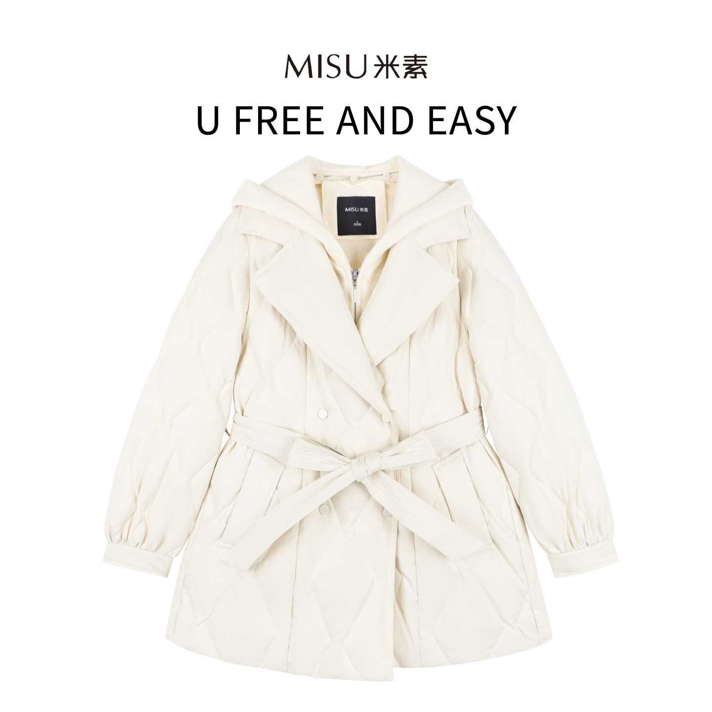 【女装优选】MISU米素气质时尚可拆卸连帽可收腰系带羽绒服125D691