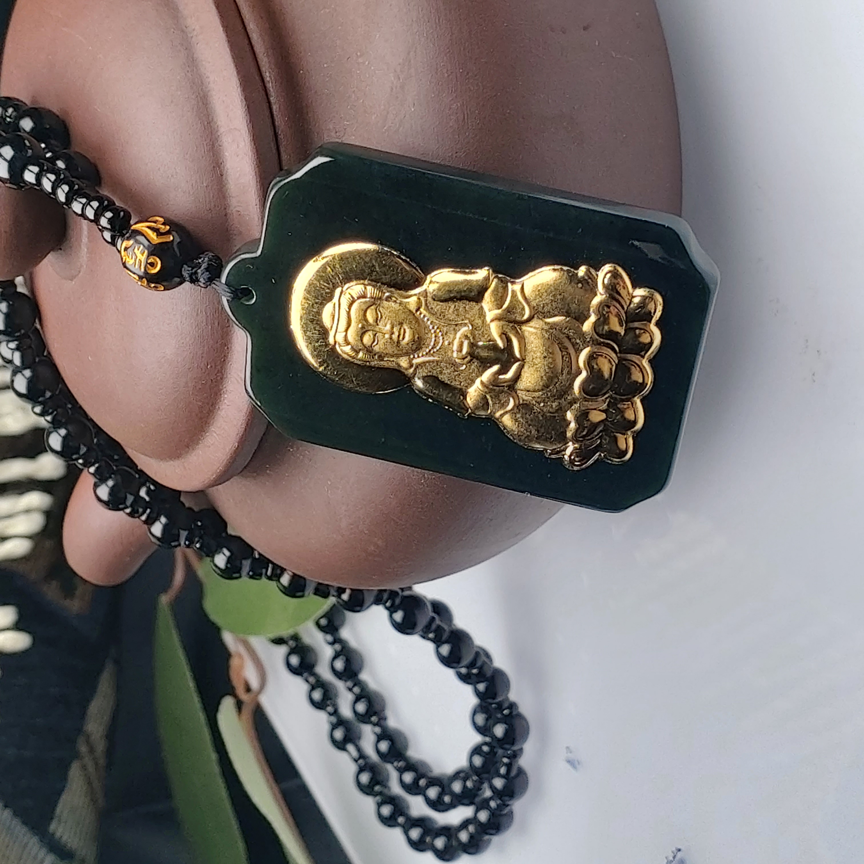 （顺哥珠宝）足金 黄金时尚和田墨玉观音吊坠