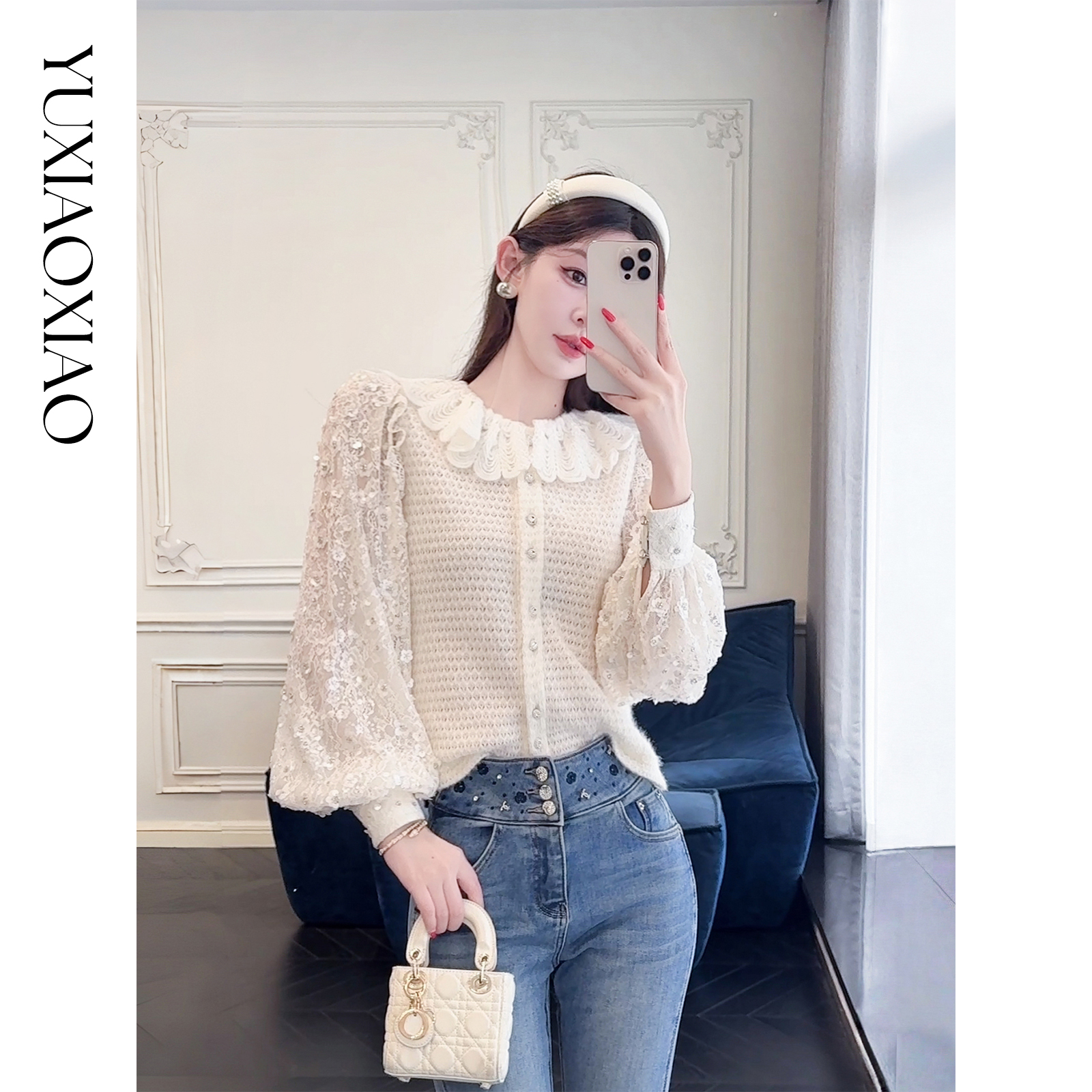 余潇潇【优雅定律】高级肌理感绣花蕾丝立体感花边领灯笼袖上衣