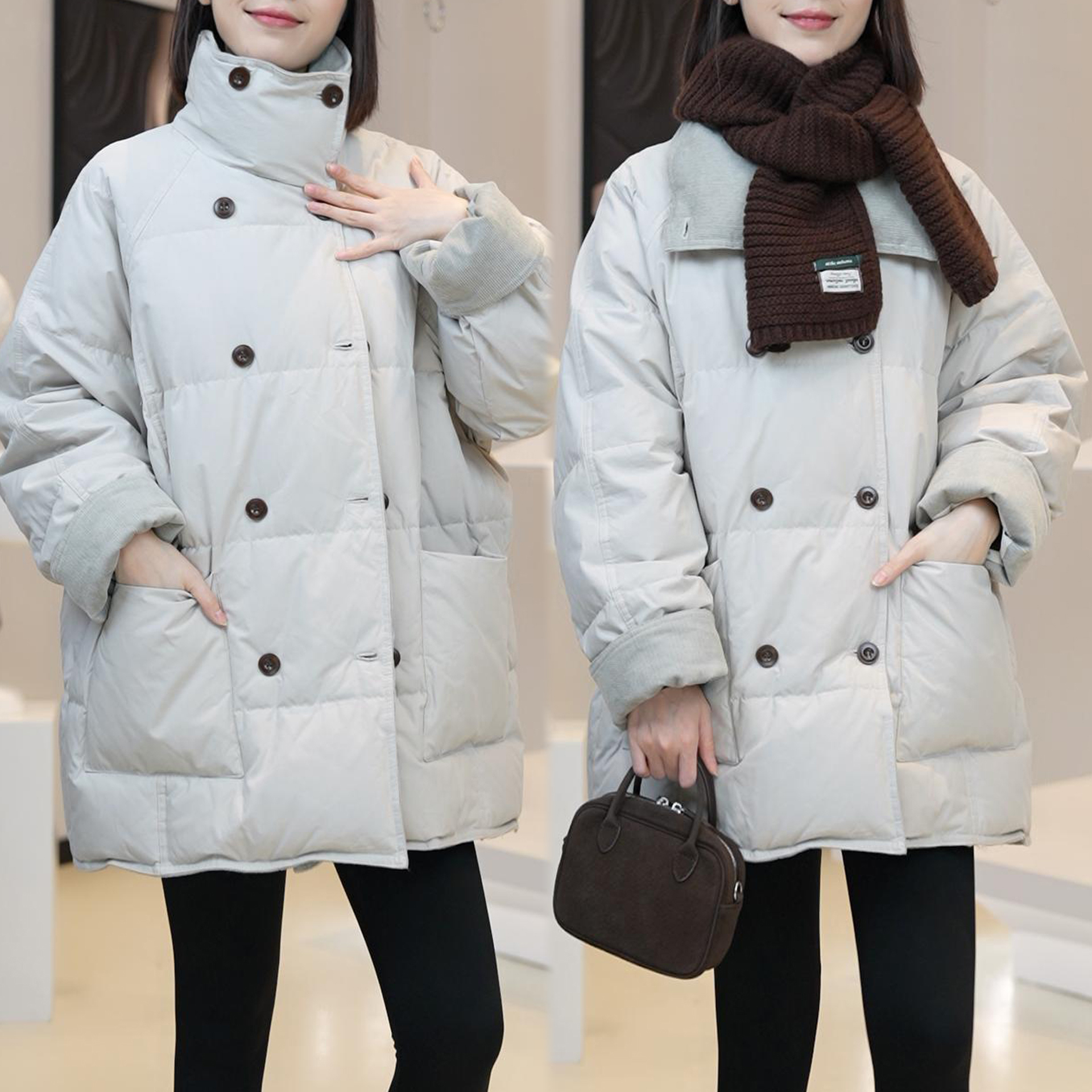 时尚百搭加厚保暖棉衣外套2026冬季新款宽松显瘦双排扣立领棉服女