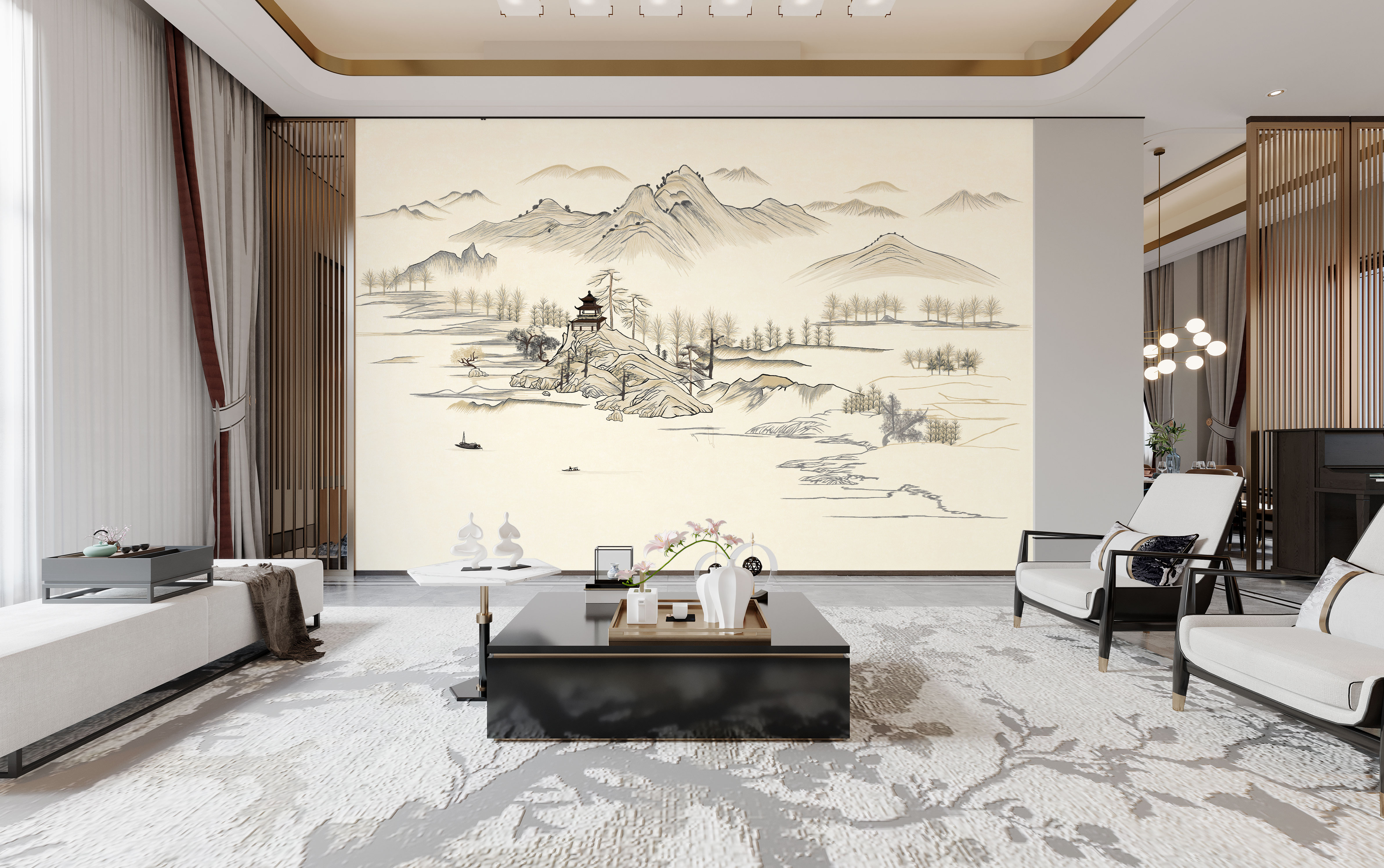馨绣居-江山如画刺绣电视床头沙发背景高端加厚防水耐用防污墙布
