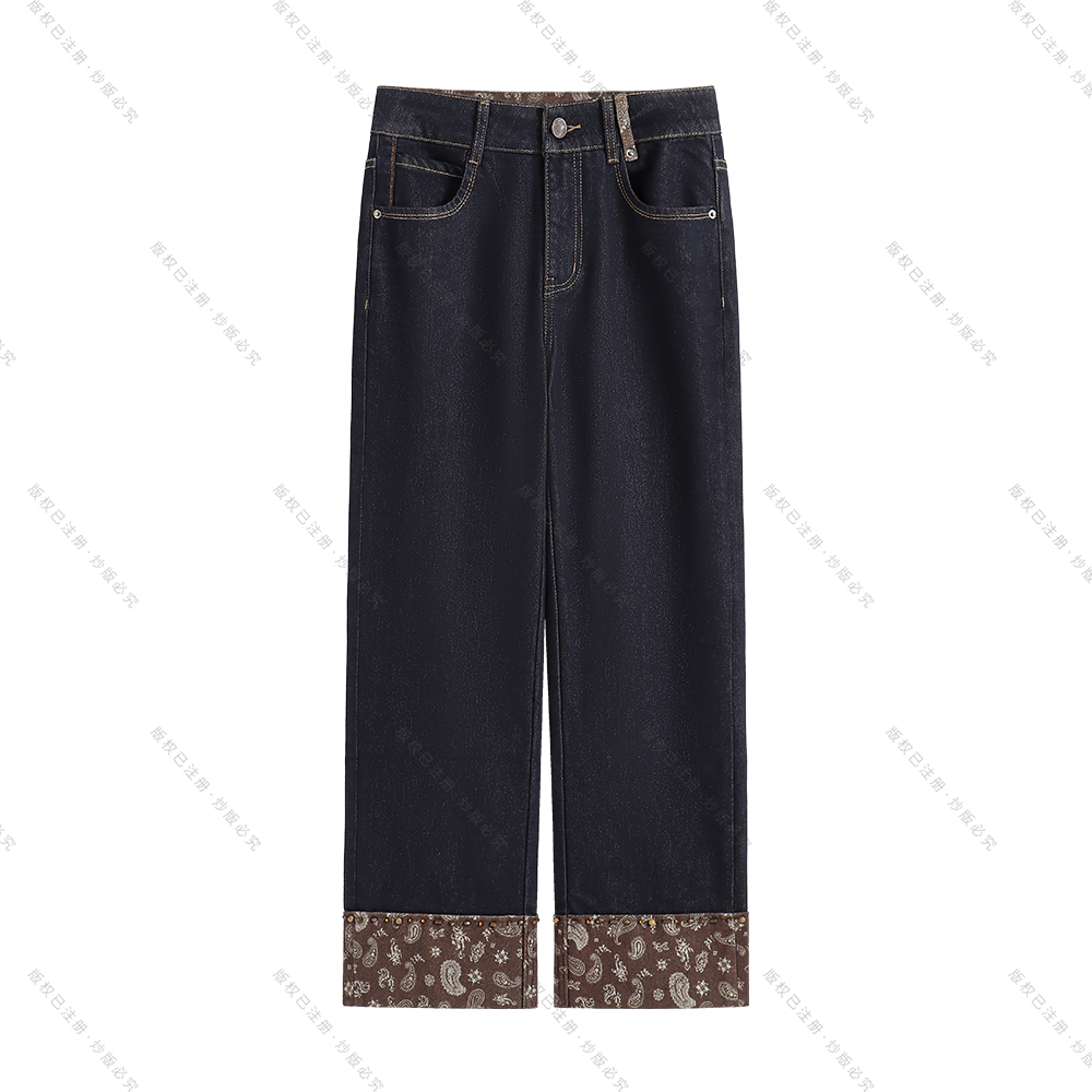 【南油虹姐】新款休闲复古拼接设计感直筒牛仔裤腰果印花