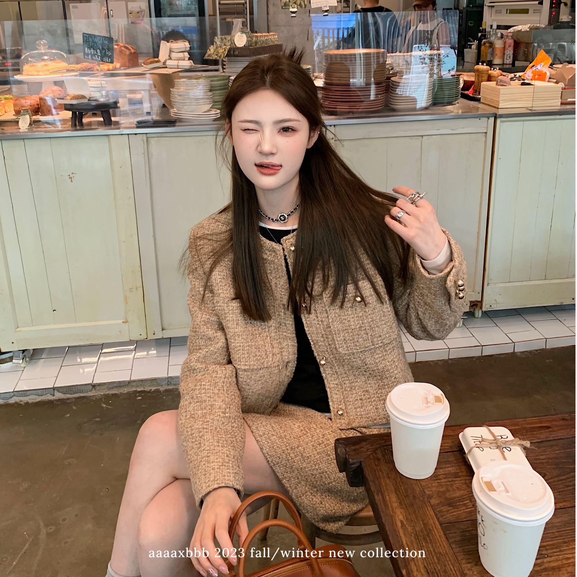 aaaaxbbb 莱利书坊 小香风套装外套时尚高腰显瘦半身裙秋冬-折扣