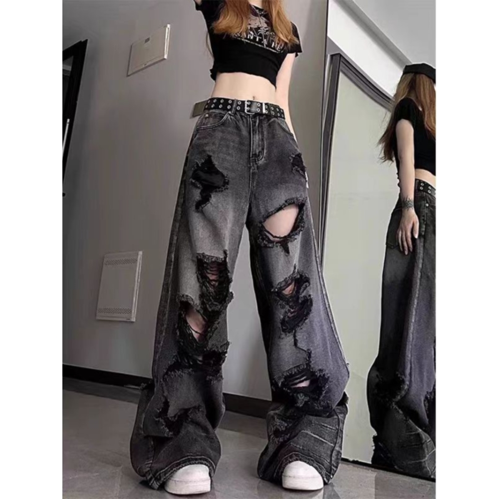 美式高街乞丐破洞牛仔裤女春夏hiphop黑灰色高腰直筒宽松阔腿裤子