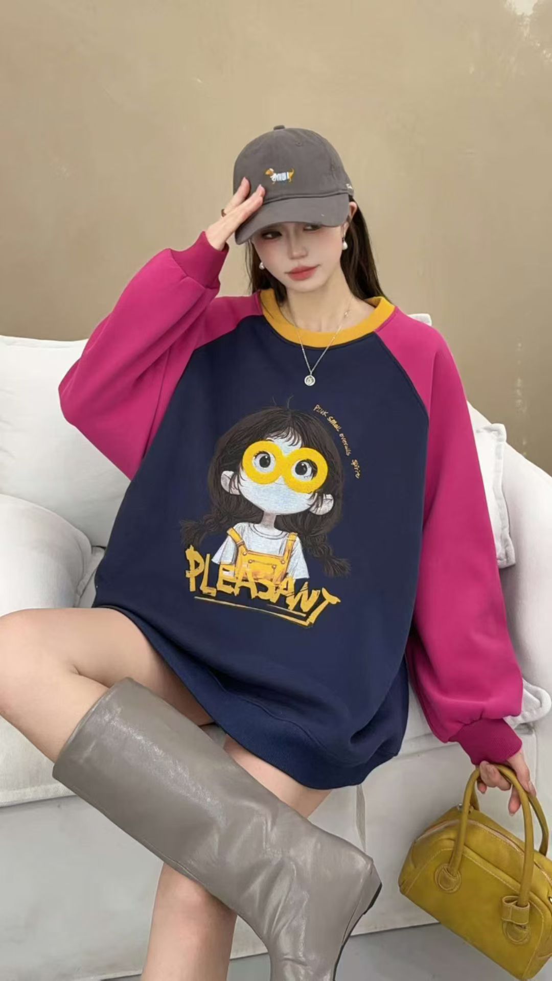 套头卫衣抗起球常规狗长袖大版假两件上衣常规款时尚