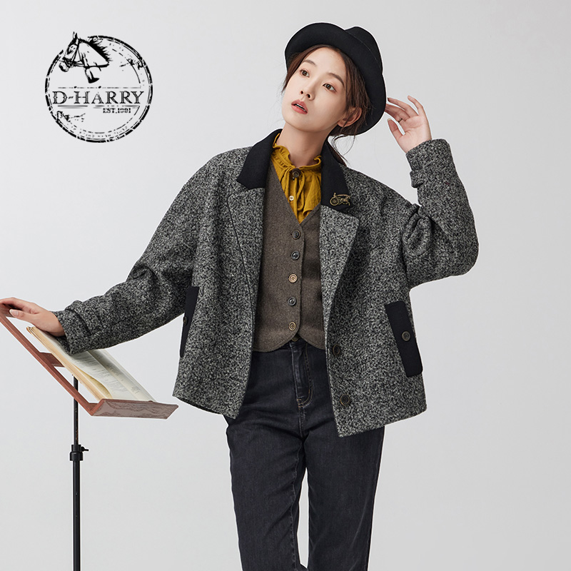 D-HARRY/迪哈利冬新款保暖人字纹毛呢短款外套DH234A96713D