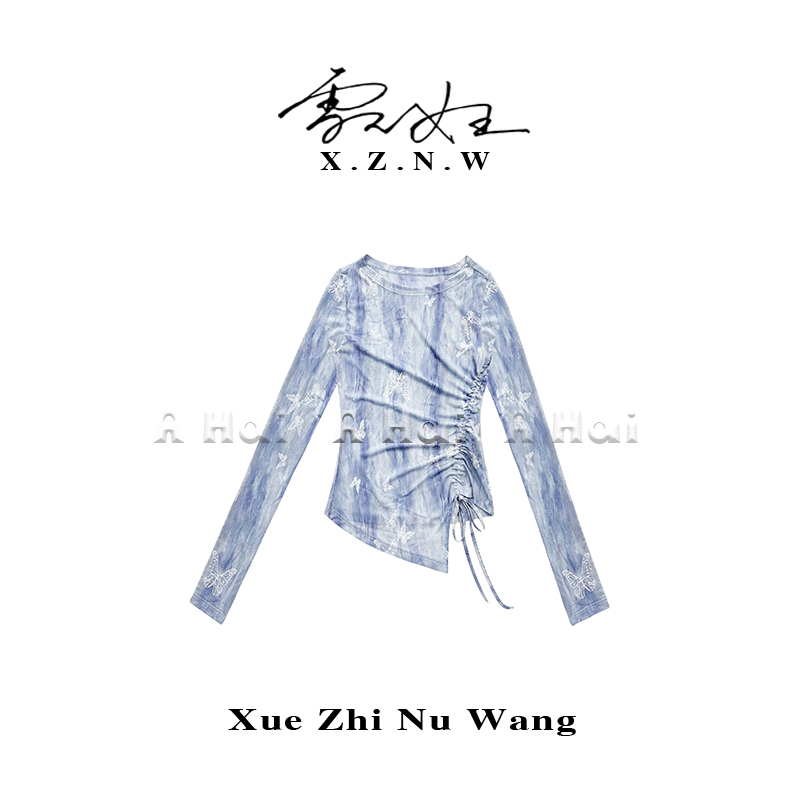 A Hai【幻蓝蝶逸】夏季抽绳绑带设计网纱T恤女薄款高级时尚百搭罩衫