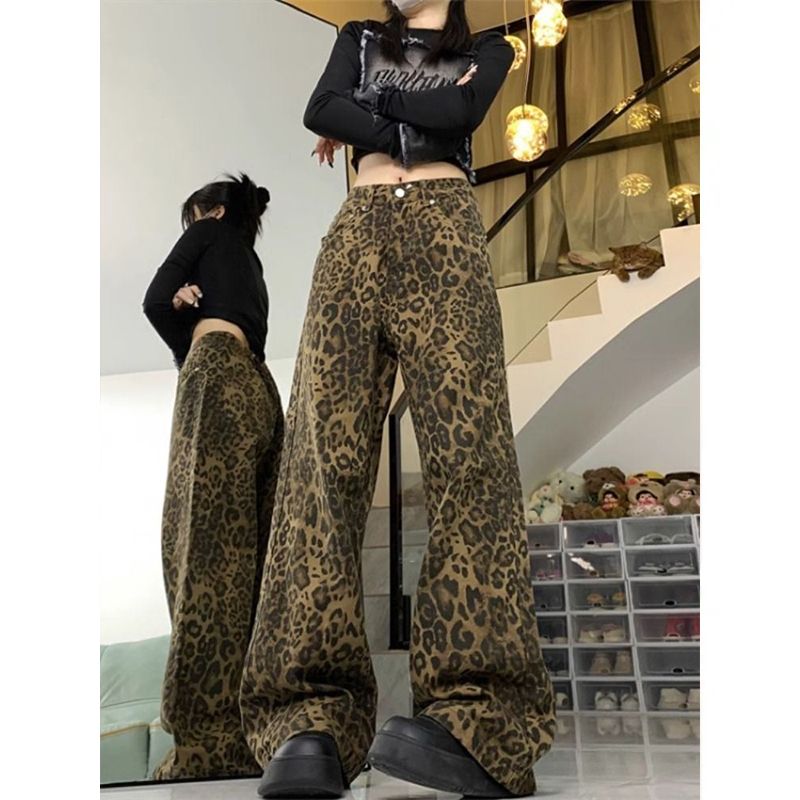 小个子美式高街复古豹纹牛仔裤女新款小众设计感迷彩直筒阔腿长裤