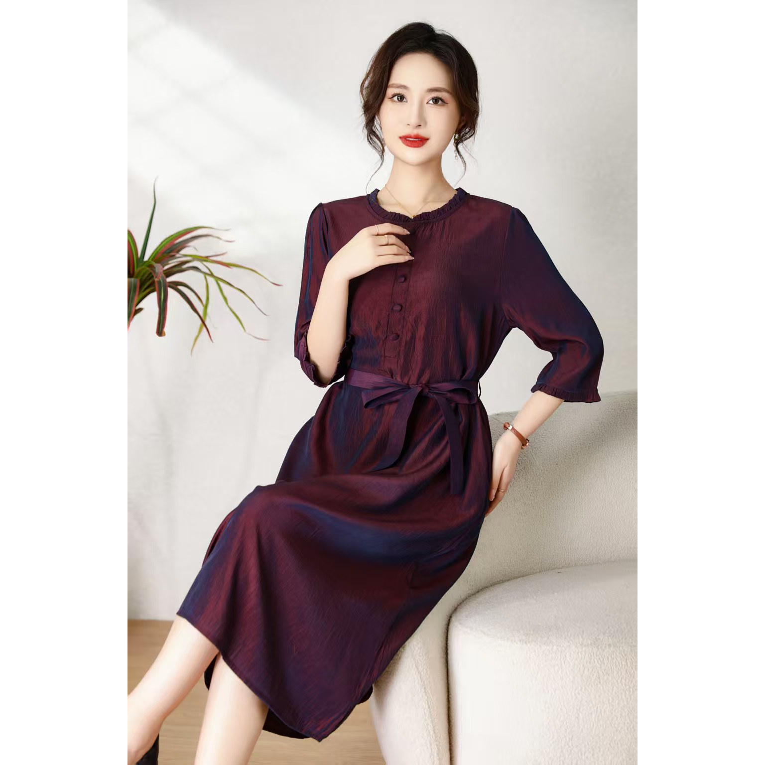 雪【紫枫】新款高级洋气夏季收腰气质显瘦连衣裙时尚裙子9821