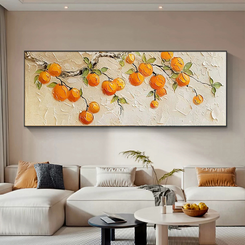 《横款-柿柿如意》手绘油画客厅沙发背景墙装饰画卧室床头挂画