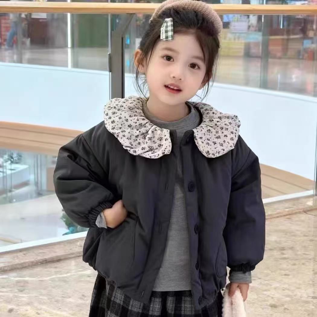 女童棉服冬款中小童宝宝韩版时髦棉袄儿童碎花娃娃领夹棉加厚外套