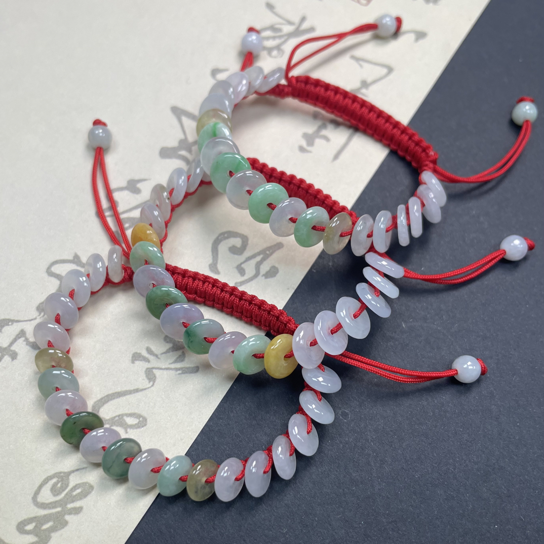 缅甸天然a货翡翠儿童平安扣手绳冰透有种有色/多样性发一