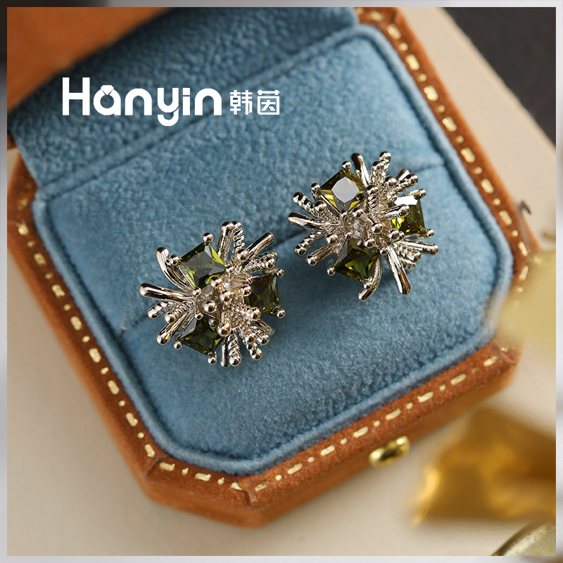 铜合金合成锆石耳饰 925银针小清新烟花绽放绿野仙踪小方糖耳钉