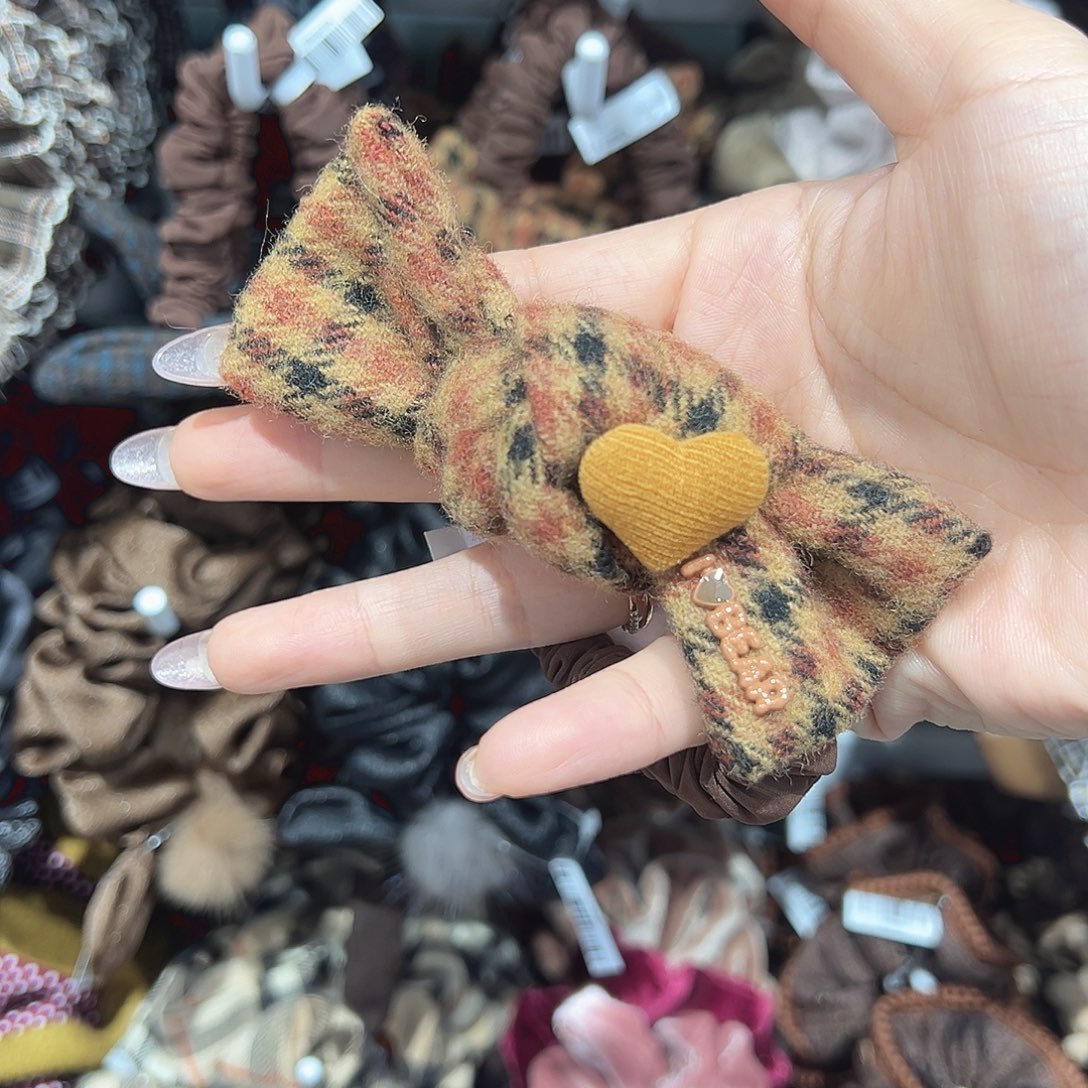 皮质铁合金泡菜黄色格子蝴蝶结发圈