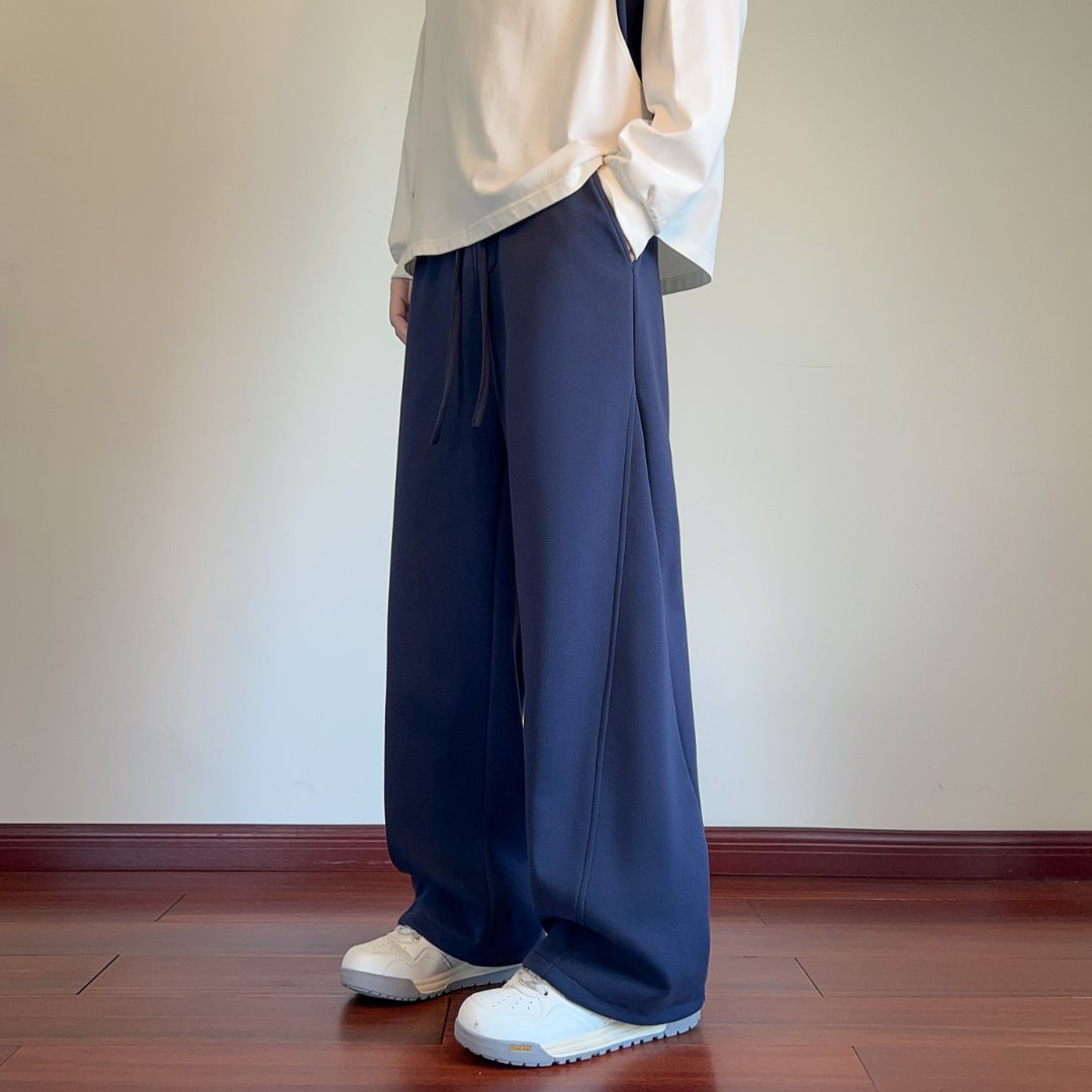 男士弯刀秋冬季长裤子宽松加绒加厚卫裤简约纯色休闲裤美式阔腿潮