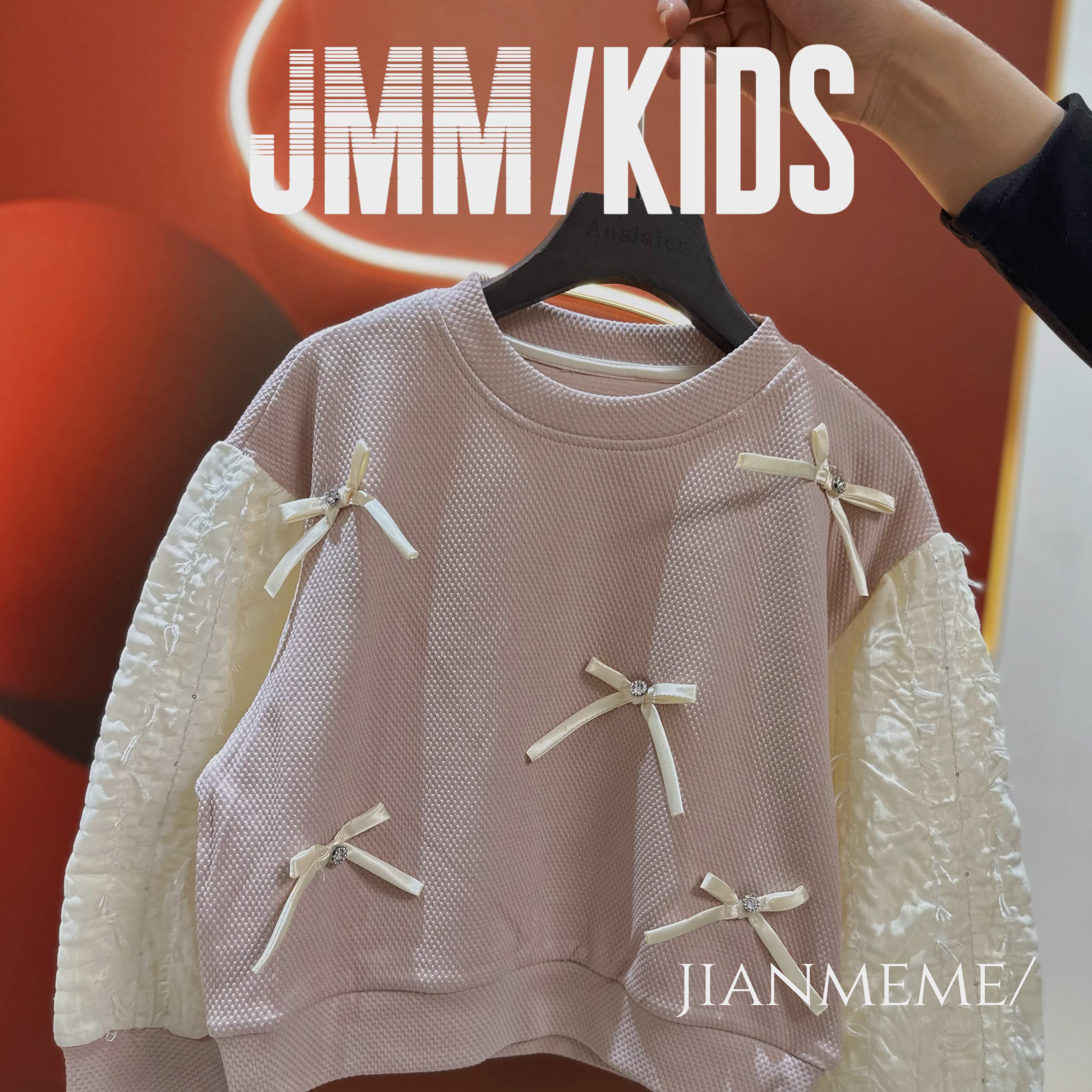 夏单品-粉色蝴蝶结F174 蝴蝶结圆领卫衣女设计感蕾丝拼接套头上衣