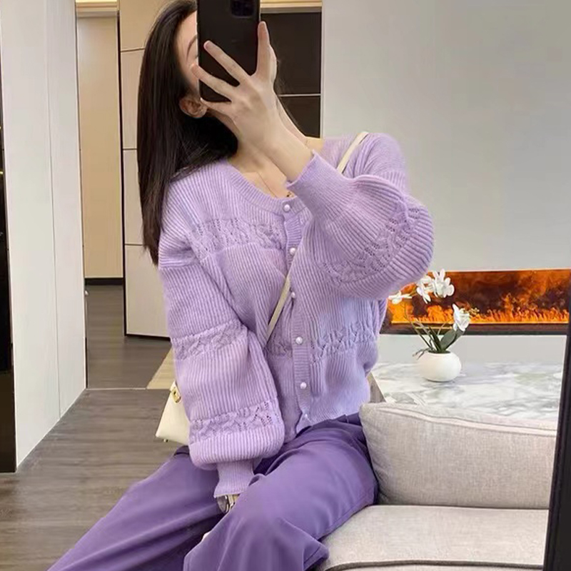 （女装）0244 时尚洋气减龄慵懒风镂空紫色圆领长袖针织开衫