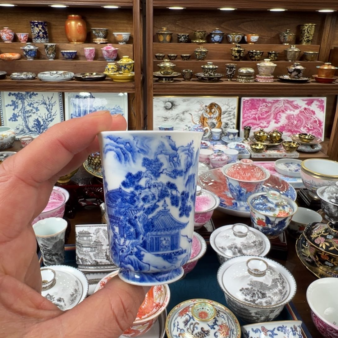 青花山水闻香杯杯
