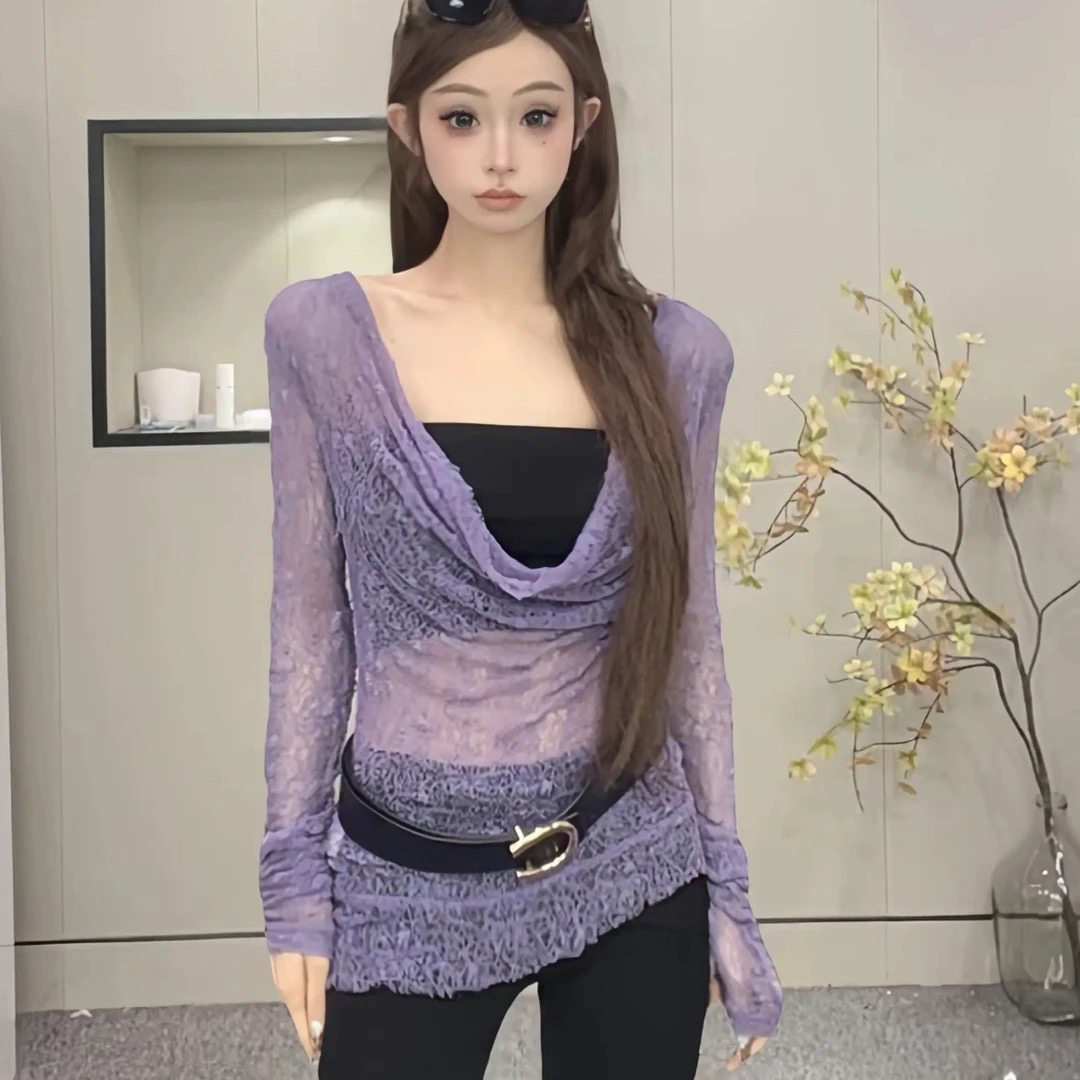 #8031辣妹小众设计长袖百搭蕾丝透视显瘦上衣两件