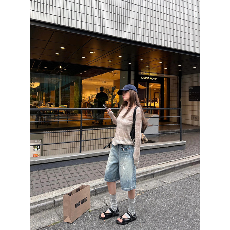 夏季炸街洋气休闲百搭设计感针织圆领长上衣高腰显瘦牛仔短裤套装