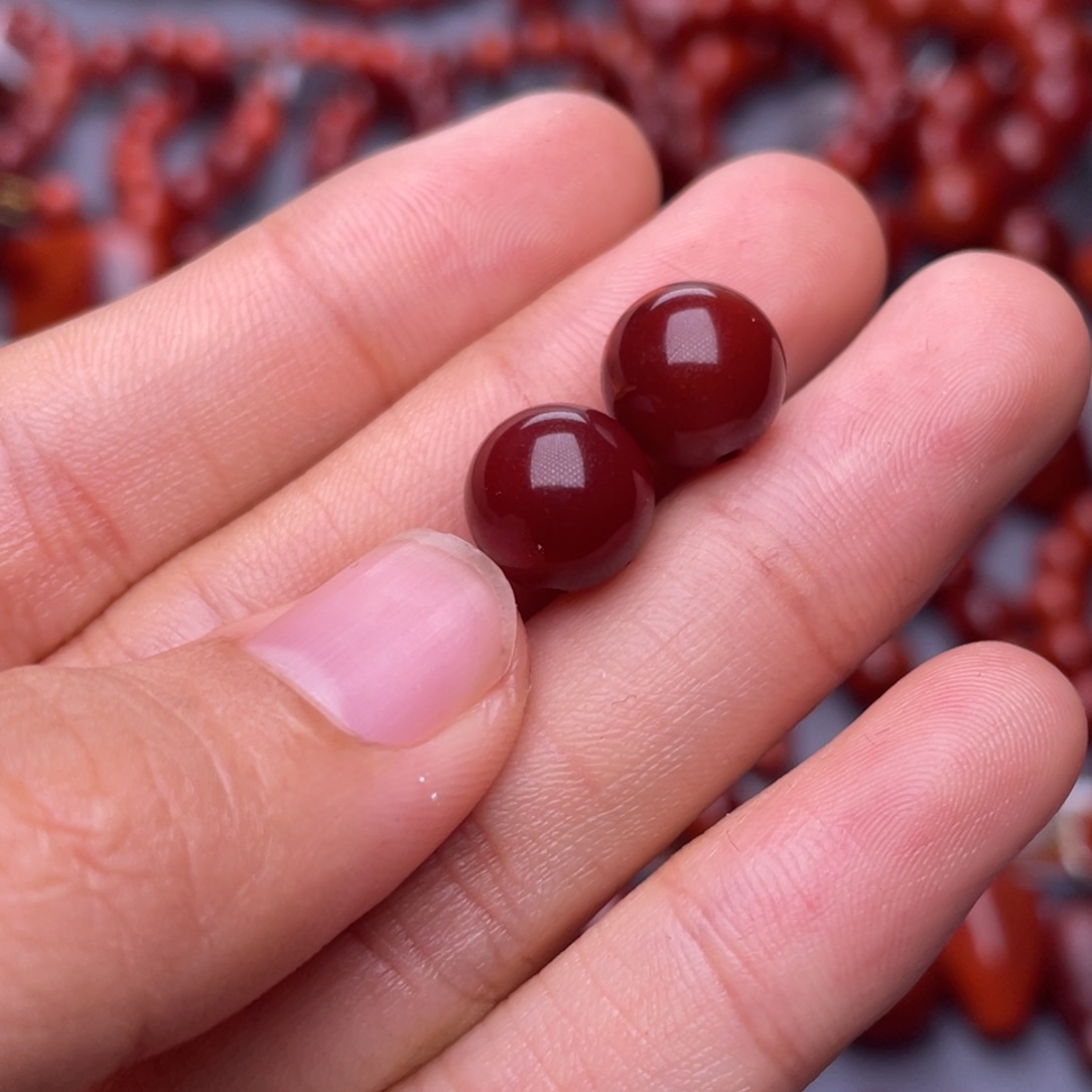 南红玛瑙未镶嵌其他天然原矿）收藏9.8mm瓦西牛血红对珠