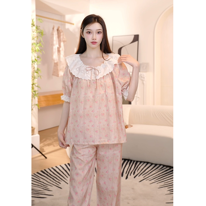 【CC专属】甜美公主风小碎花棉麻夏娃娃领蕾丝拼接短袖85YY-8560