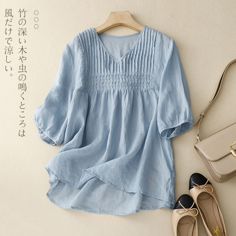 夏季棉麻娃娃衫宽松五分袖T恤女装新品V领百搭衬衫韩版衬衣上衣