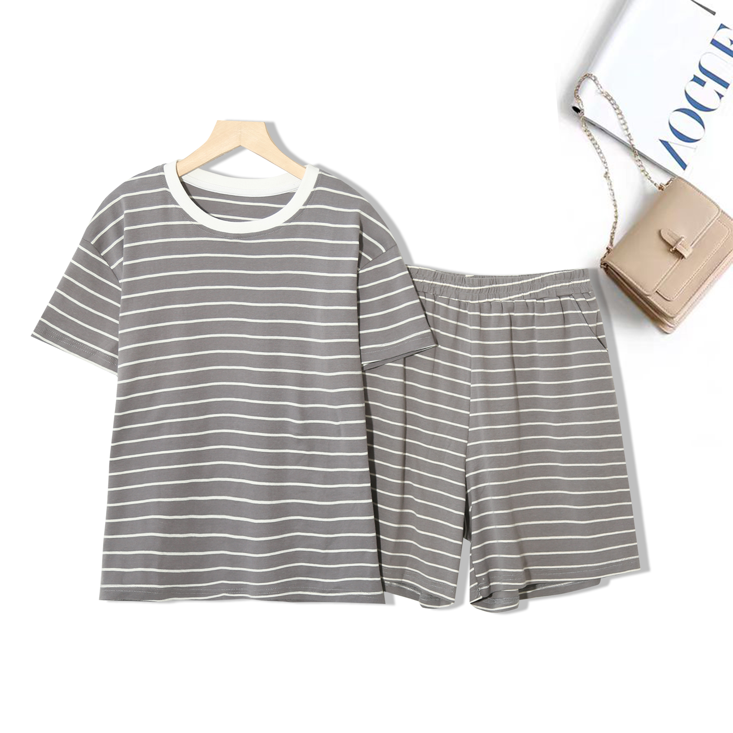 短裤短袖经典条纹透气街头风套装男女同款青少年可穿舒适C-CL585