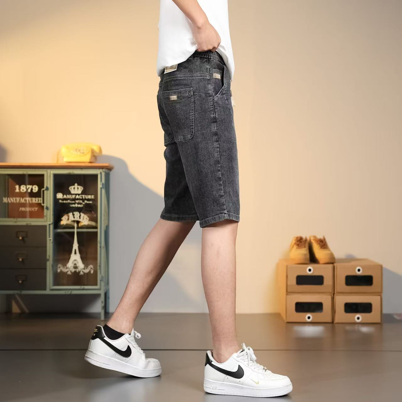 【杰克森1】夏季男士松紧腰牛仔短款