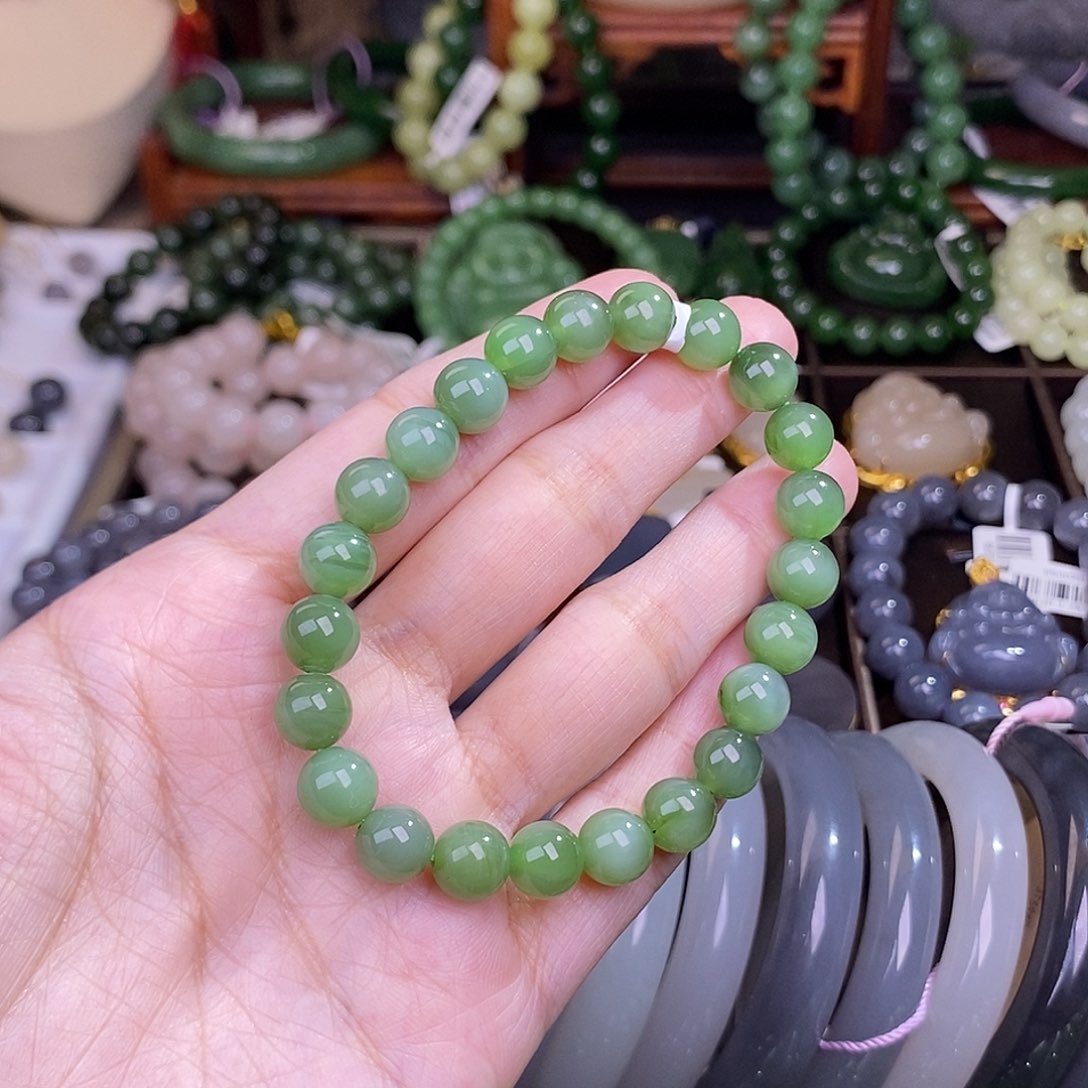 和田玉吊坠未镶嵌和田玉碧玉绿底猫眼手串8m